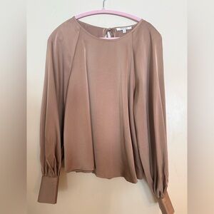 Lightweight Pleated-Front Long-Sleeve Blouse in Blush Brown